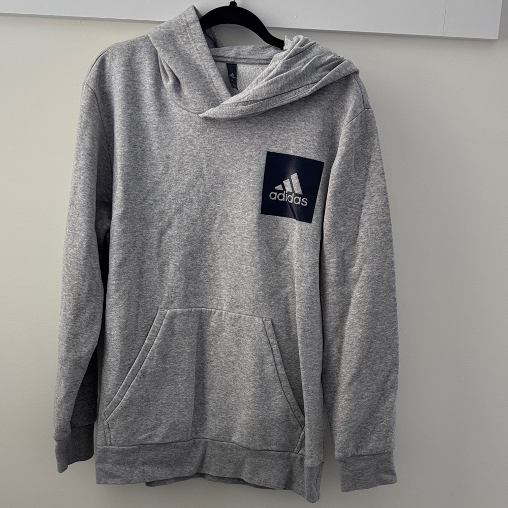Adidas Heather Gray Men's Hoodie with Navy Logo